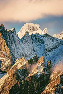 Alpine Climate Prints: Aerial view of Pizzo Badile and Cavalcorto rock pinnacles at sunset