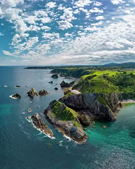 Asturias Prints: Aerial View Above Playa del Silencio, Asturias, Northern Spain