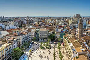 Square Gallery: Aerial view of Plaza de la Reina and old town skyline, Valencia, Valencian Community, Spain
