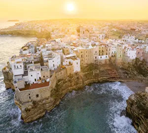 Aerial view of Polignano a Mare at sunrise. Polignano a Mare, Apulia, Italy