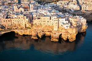 Adriatic Sea Prints: Aerial view of Polignano a mare at sunrise. Bari province, Apulia, Italy