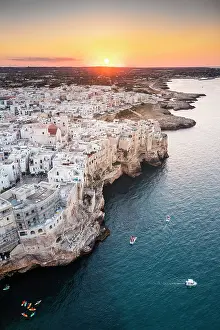 Adriatic Sea Prints: Aerial view of Polignano a mare at sunset. Bari province, Apulia, Italy