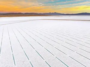 Atacama Prints: Aerial view of the pools of the Salinas Grandes Salt Flat at sunset
