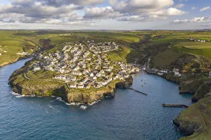 Aerial view of Port Isaac harbour and village, North Cornwall, England