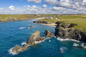 Aerial view of Porthcothan Bay on a sunny spring afternoon, Porthcothan, North Cornwall