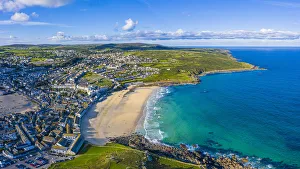 Holiday Home Prints: Aerial view of Porthmeor beach, St. Ives, Cornwall, England