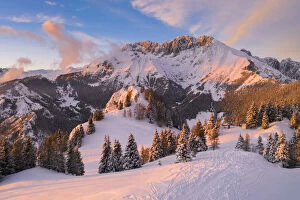 Lombardy Gallery: Aerial view of the Presolana covered in snow at sunset from Mount Scanapà