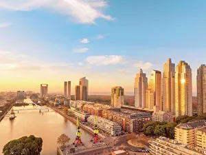 Buenos Aires Prints: Aerial view of the Puerto Madero docks at sunset, Buenos Aires, Argentina