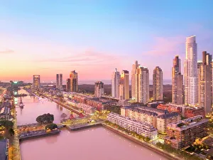 Buenos Aires Prints: Aerial view of the Puerto Madero docks at twilight, Buenos Aires, Argentina