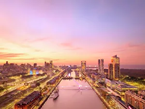 Buenos Aires Prints: Aerial view of the Puerto Madero docks at twilight, Buenos Aires, Argentina