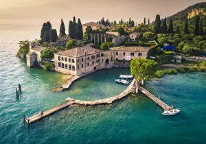 Aerial view of Punta San Vigilio on Garda Lake. Verona Province, Veneto, Italy