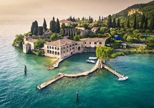 Aerial view of Punta San Vigilio on Garda Lake. Verona Province, Veneto, Italy
