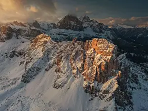 Ra Gusela Prints: Aerial view of the Ra Gusela above the Giau Pass during a clear spring evening