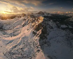Ra Gusela Prints: Aerial view of the Ra Gusela above the Giau Pass during a clear spring evening