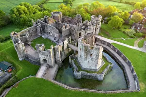 Aerial view of Raglan Castle in the county of Monmouthshire, Wales, UK. Spring (May) 2022