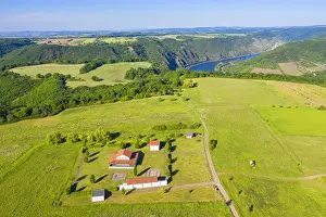 Roman Temple Prints: Aerial view on the reconstructed roman temples on Martberg near Pommern, Mosel valley