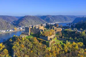 River Rhine Prints: Aerial view at Rheinfels castle with Burg Katz, St. Goar, Rhine valley