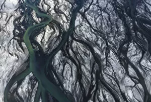 Stream Gallery: Aerial view of a river delta after a winter snowstorm in the southern part of Iceland