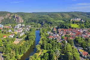 Aerial view on River Nahe with Ebernburg castle, Ebernburg, Bad Kreuznach, Nahe valley