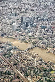 Aerial view over River Thames, London, England, UK