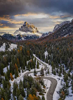 Earth from Above Gallery: Aerial view of road to Tre Cime di Lavaredo at sunrise, Misurina, Belluno