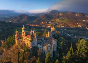 Ancient Building Prints: Aerial view of the Rocchetta Mattei, Appennino Tosco Emiliano, Italy