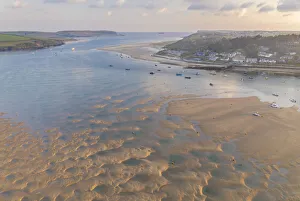 Aerial view of Rock and the Camel Estuary at dawn, Rock, Cornwall, England