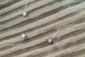 August Prints: Aerial view of round straw bales in a harvested field