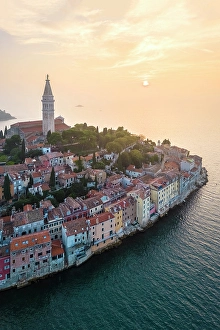 Adriatic Sea Prints: Aerial view of Rovinj - Rovigno at sunset. Rovinj, Istria, Adriatic coast, Croatia