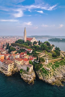 Adriatic Sea Prints: Aerial view of Rovinj - Rovigno at sunset. Rovinj, Istria, Adriatic coast, Croatia