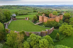Aerial view of the ruins of White Castle, one of the Three Castles in Monmouthshire, Wales, UK. Spring (May) 2022