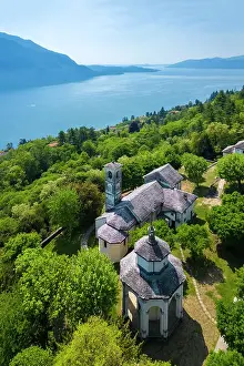 Sacred Mount Prints: Aerial view of the Sacro Monte di Ghiffa on Lake Maggiore in the spring