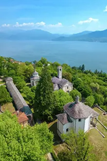 Sacred Mount Prints: Aerial view of the Sacro Monte di Ghiffa on Lake Maggiore in the spring