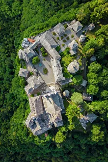 Sanctuaries Prints: Aerial view of the Sacro Monte of Varallo Sesia, Vercelli district, Piedmont, Italy