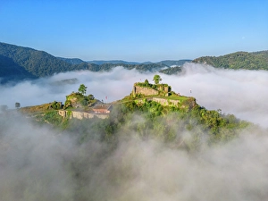 Ahr Valley Prints: Aerial view at the Saffenburg in morning fog