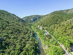 Occitanie Prints: Aerial view at Saint-Guilhem-le-Desert, Herault, Languedoc-Roussillon, Occitanie, France