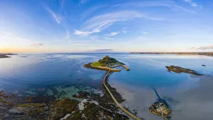 Saint Prints: Aerial view over Saint Michaels Mount, Marazion, near Penzance, Cornwall, England