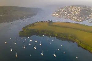 South Hams Prints: Aerial view of Salcombe and the Kingsbridge Estuary at dawn on a misty morning