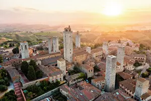 High Key Prints: Aerial view of San Gimignano with its characteristic towers at sunrise
