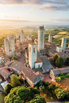 High Key Prints: Aerial view of San Gimignano with its characteristic towers at sunrise