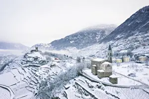 Sondrio Prints: Aerial view of Sant Antonio Abate church and Grumello Castle in background