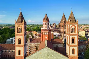 City Centre Prints: Aerial view of the Sant'Andrea Basilica of Vercelli at sunset in spring