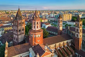 City Centre Prints: Aerial view of the Sant'Andrea Basilica of Vercelli at sunset in spring