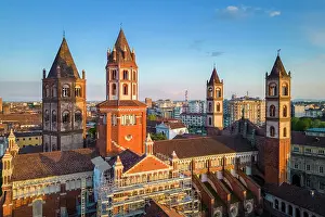 City Centre Prints: Aerial view of the Sant'Andrea Basilica of Vercelli at sunset in spring