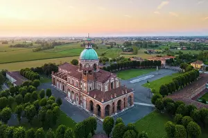 Sanctuaries Prints: Aerial view of the Santuario di Santa Maria del Fonte presso Caravaggio at sunset