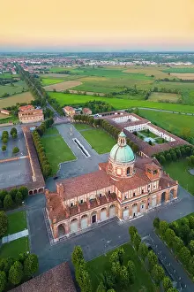 Sanctuaries Prints: Aerial view of the Santuario di Santa Maria del Fonte presso Caravaggio at sunset