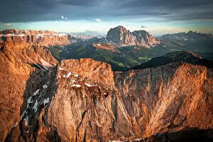 South Tyrol Collection: Aerial view of Sassolungo group, Sassopiatto, Sella, Gardena Valley and Seceda at sunset