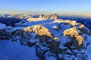 Sella Group Prints: Aerial view of Sassolungo at sunset. Dolomites Sella Group Trentino Alto Adige Italy