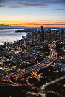 Images Dated 16th January 2018: Aerial view of Seattle downtown skyline at dusk, Seattle, Washington, USA