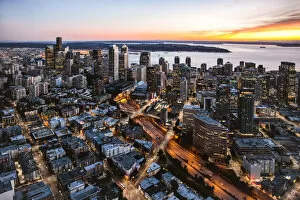 Images Dated 16th January 2018: Aerial view of Seattle downtown skyline at dusk, Seattle, Washington, USA